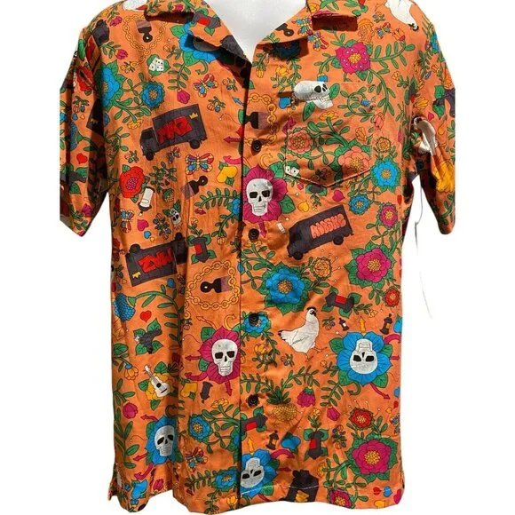Roberto Lugo All Gender Floral Skulls Trucks Printed Rayon Button Down Shirt M - Picture 2 of 8